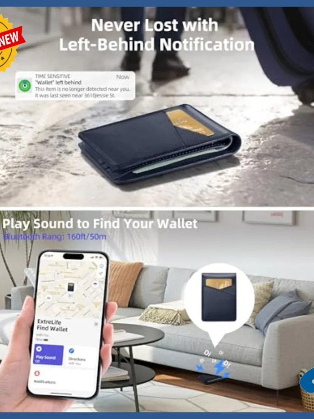 Genuine Leather Bifold Wallet with Apple Find My Tracker, RFID Blocking